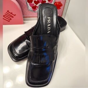 Prada Black Leather Fringe Mule Slides